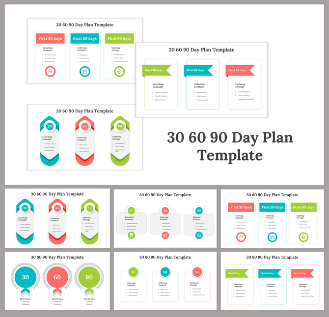 A collection of 30 60 90 day plan slides with colorful layouts for structured business strategies with icons.