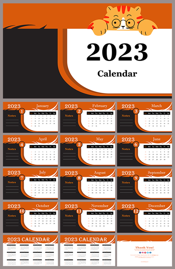 Slide deck featuring a 2023 calendar template, with orange and black colors, and a cute cat illustration peeking at the top.