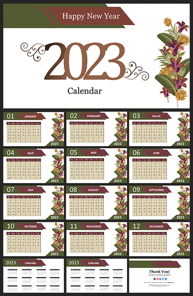 Floral themed PowerPoint presentation slides of a 2023 calendar with each month's layout.