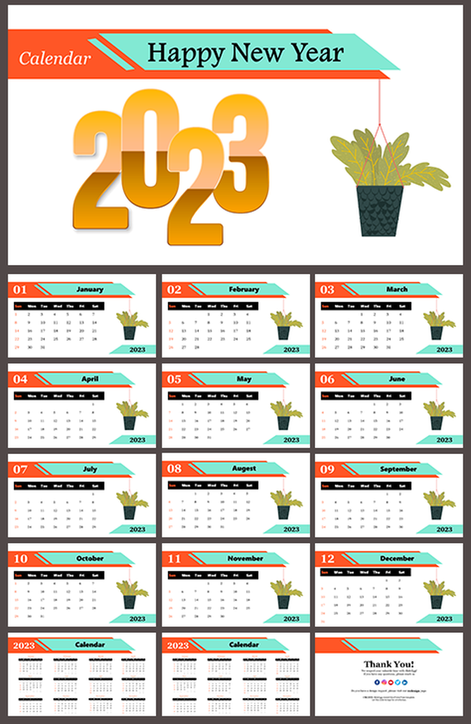 2023 PPT calendar slides with monthly pages, each featuring decorative plant icons and colorful designs.