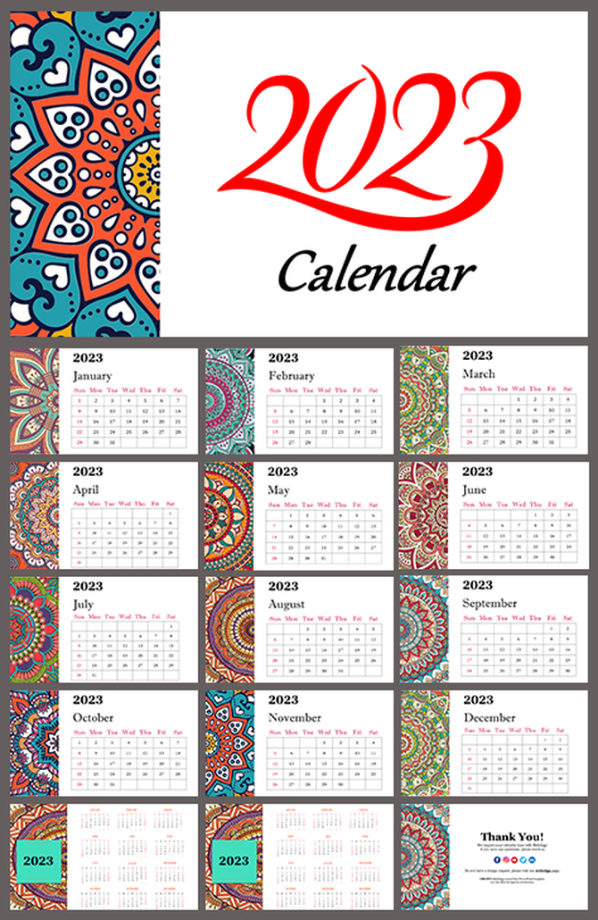 2023 calendar template featuring each month with a colorful mandala pattern background and red-highlighted Sundays.