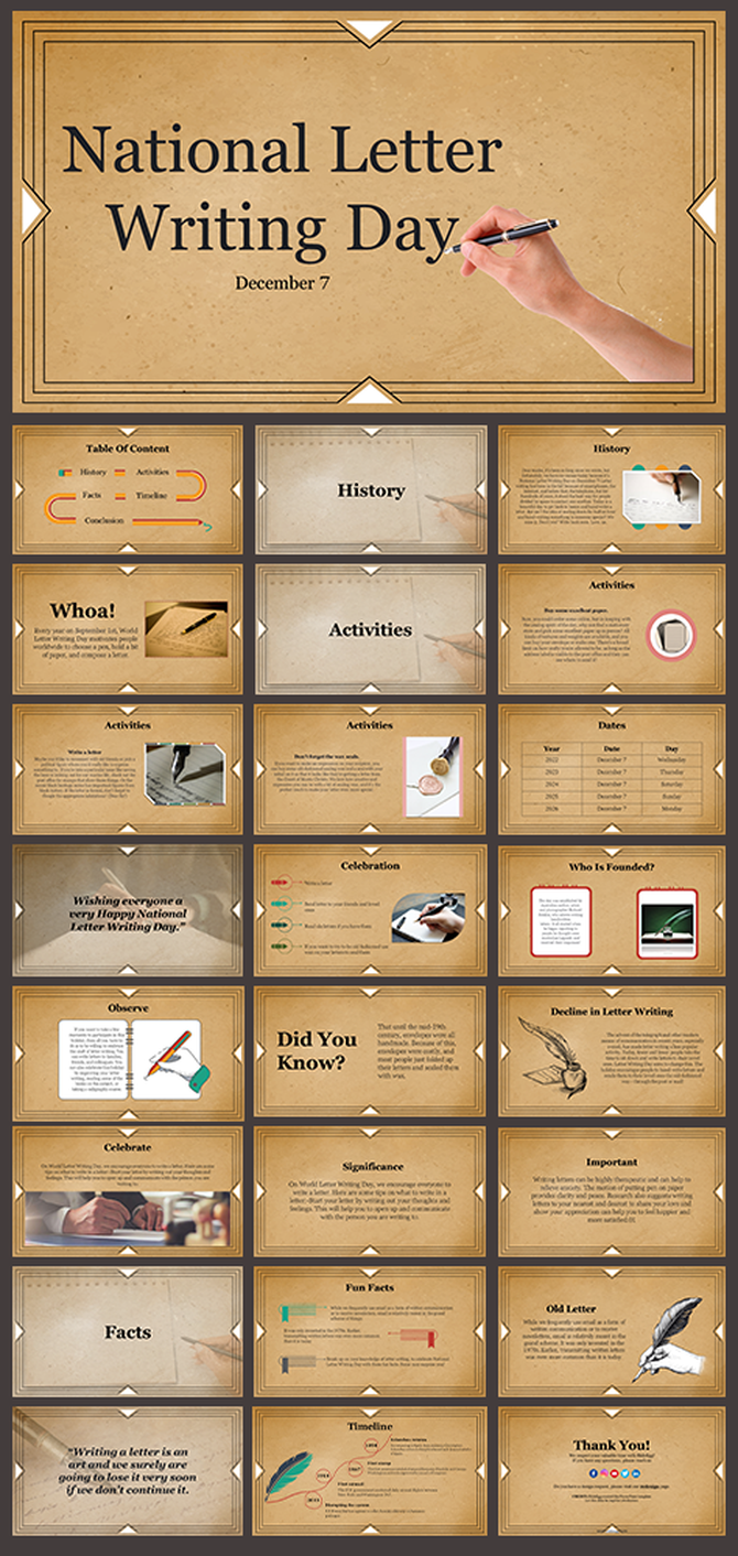 National Letter Writing Day with vintage paper theme, pen graphics, envelope icons, and activity based slide layouts.