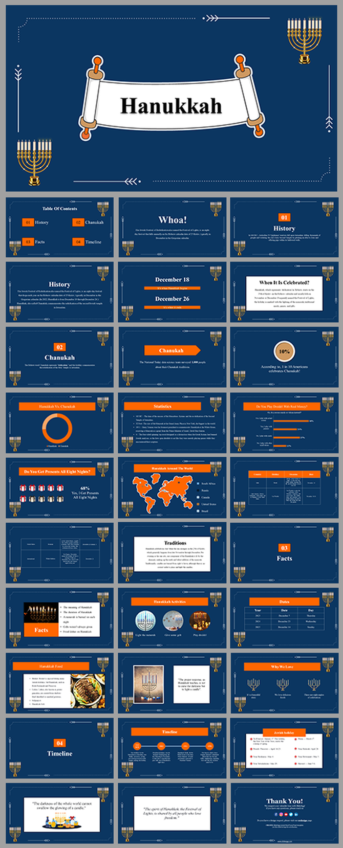 A pack of Hanukkah themed slides featuring menorah illustrations with various layout designs and text on a dark blue theme.