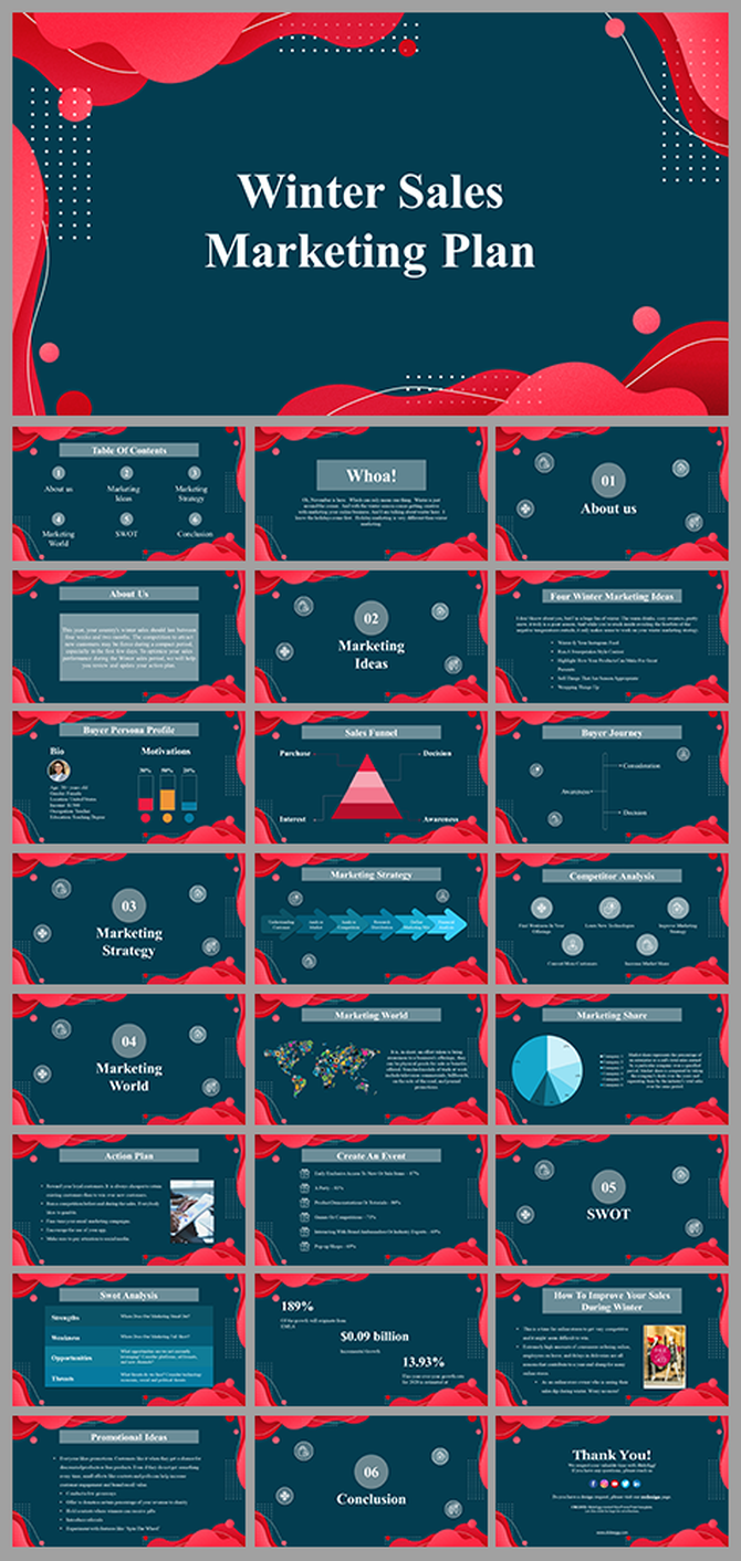 A slide deck for a Winter Sales Marketing Plan featuring charts, strategies, and marketing data across various slides.
