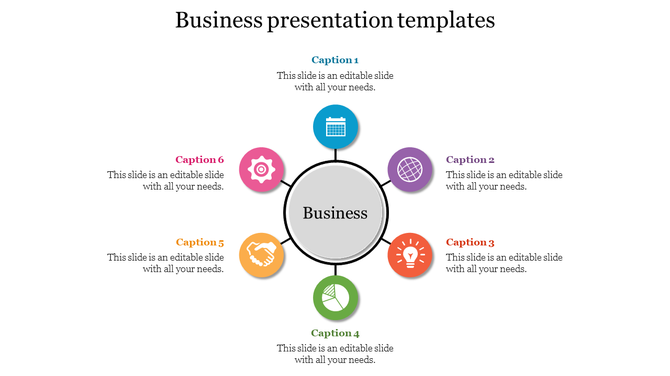 Business infographic with six colorful icons representing calendar, globe, handshake, lightbulb, gear, and chart.