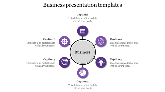 Circular business diagram with icons like handshake, lightbulb, and calendar surrounding a central node.