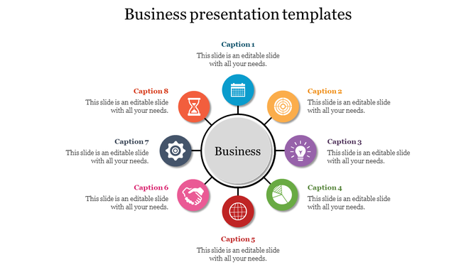 Eight-step business presentation diagram with colorful icons and captions radiating from a central gray circle.