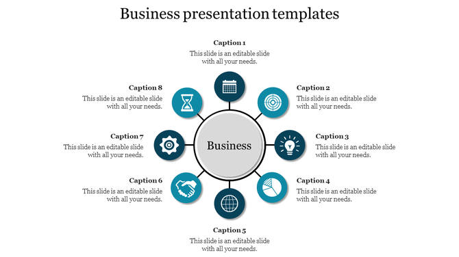 Business presentation slide with eight sections around a central circle, each featuring an icon and caption.