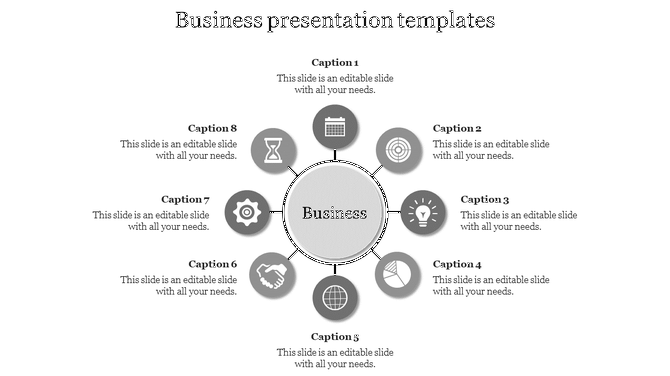 Business slide with a circular hub and spoke layout, featuring eight gray icons and captions around the center.