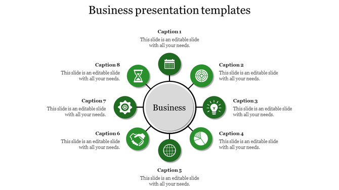 Business slide featuring a gray central circle, surrounded by eight green circular icons and corresponding captions.