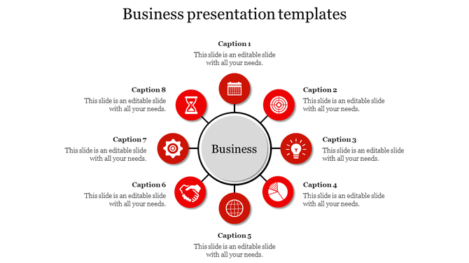 PowerPoint template with a central Business hub and eight surrounding captions and icons.