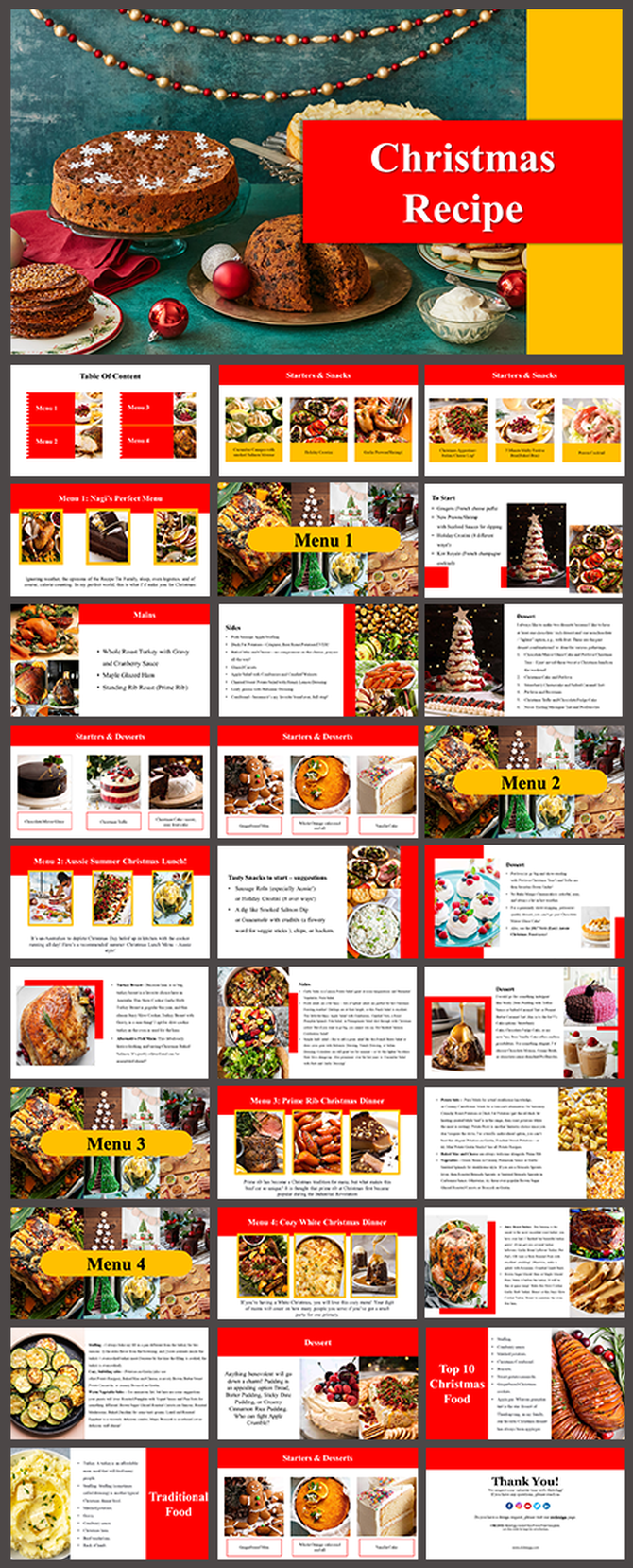 Christmas recipe presentation with festive food images, red and yellow accents, multiple menu layouts, and dessert sections.