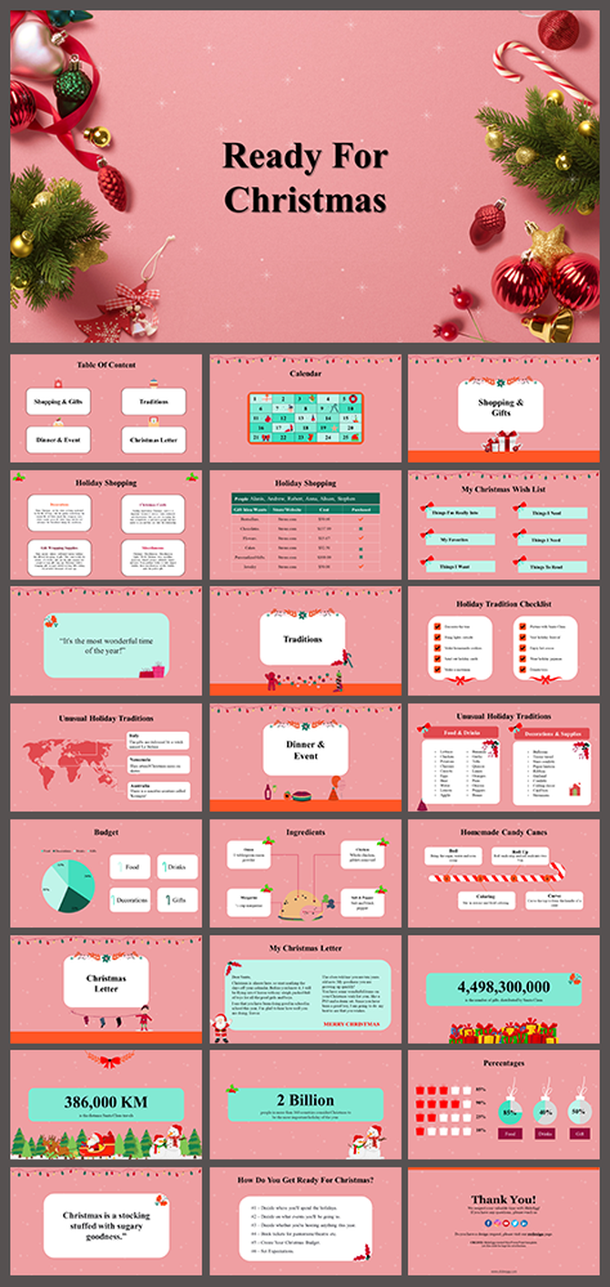 Christmas featuring slides on shopping, traditions, recipes, budget, holiday checklist, and decorative elements.
