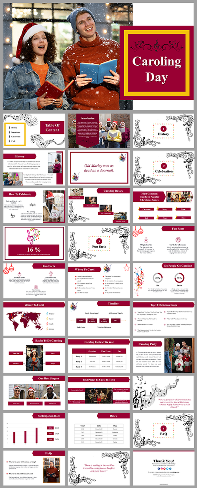 Caroling Day presentation with festive red theme, singing visuals, music notes, maps, fun facts, and popular Christmas songs.
