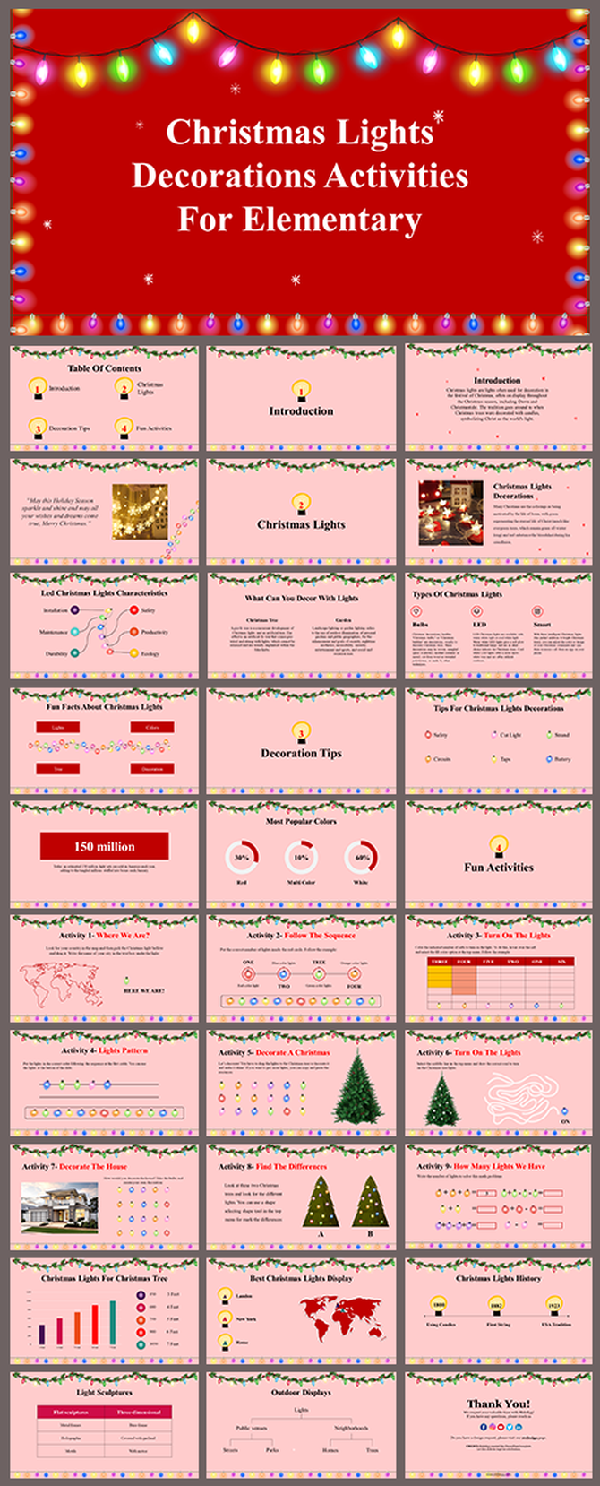 Slides highlighting colorful Christmas light types, decoration ideas, and educational activities for elementary students.
