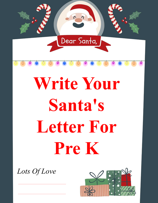 Christmas themed letter to Santa template with festive border, Santa illustration, colorful lights, and present graphics.