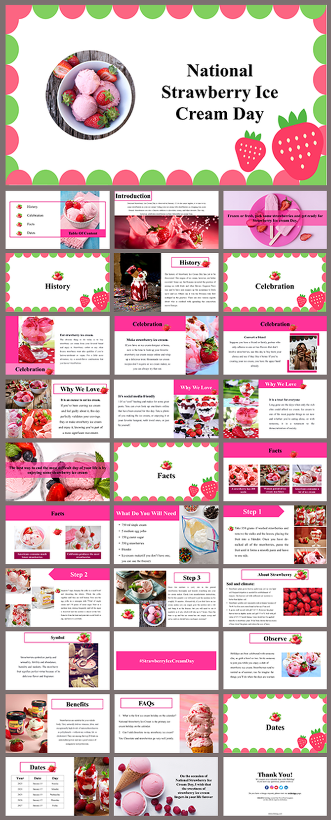 Slide deck celebrating strawberry ice cream with images, pink scalloped edges, and strawberry icons throughout.