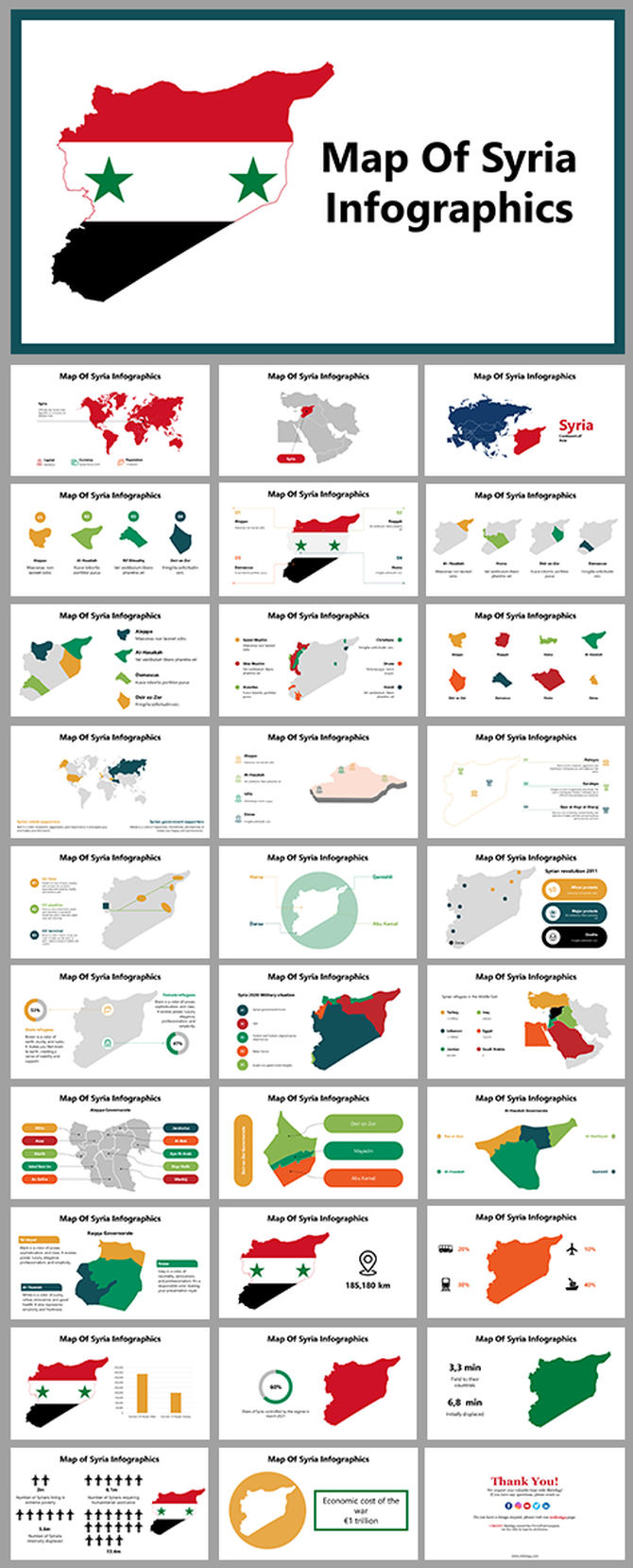 Syria infographic slides showing country maps, regional divisions, flag elements, and statistics through charts and graphs.