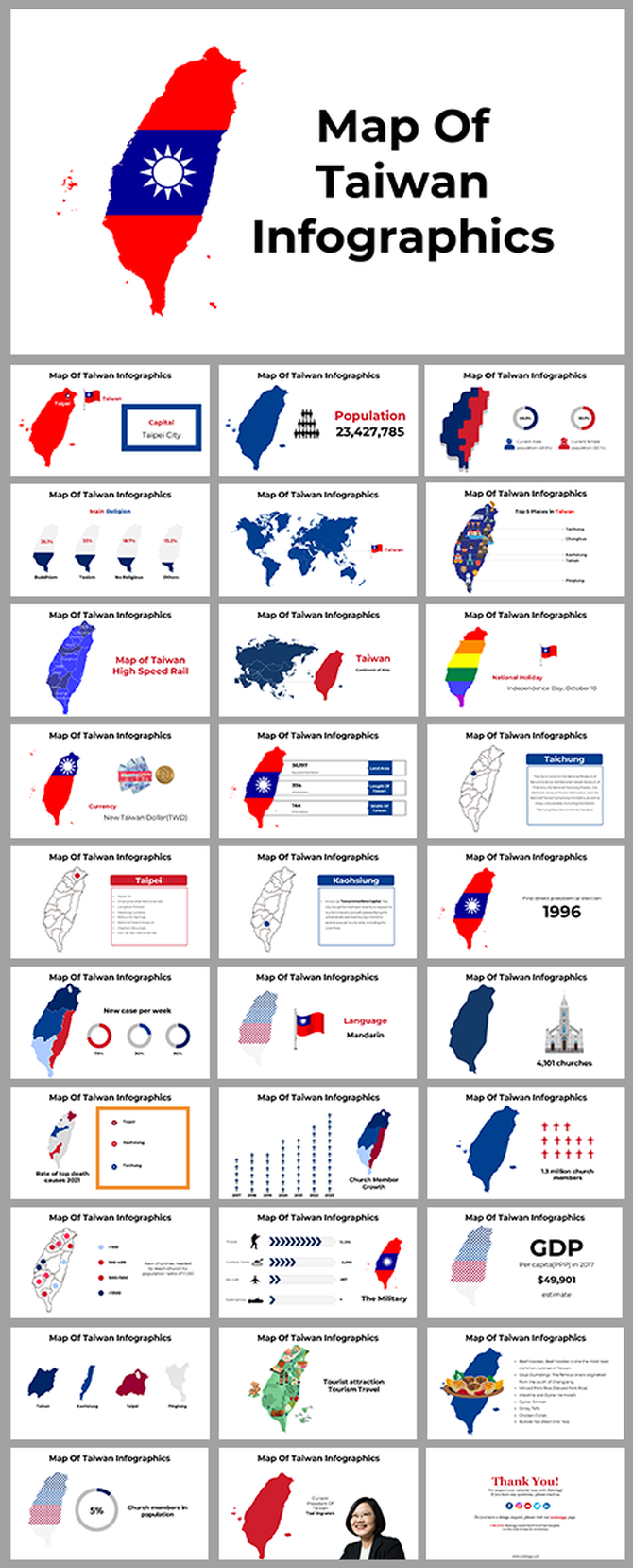 Set of infographic slide deck displaying Taiwan's map with demographic and economic data.