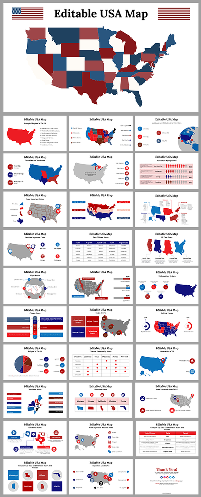 Detailed slide deck showcasing colourful maps of the USA alongside data-driven visual elements.