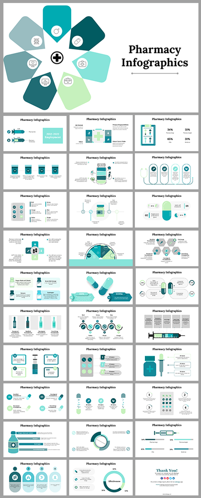 Alt: Pharmacy Infographics cover slide with central medical cross icon surrounded by teal and green healthcare symbols.