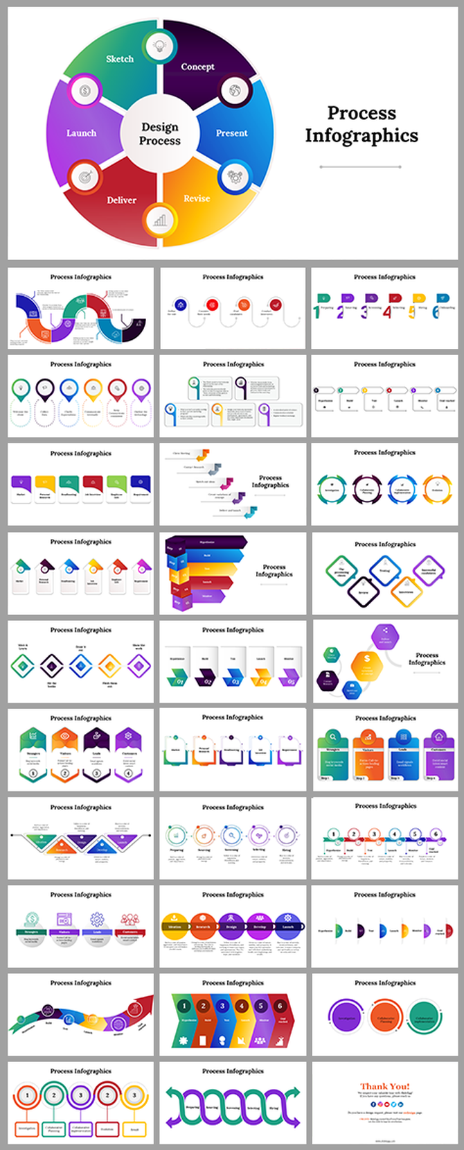Slide deck featuring colorful process infographics, showcasing sketch, concept, and launch, in circular and linear formats.
