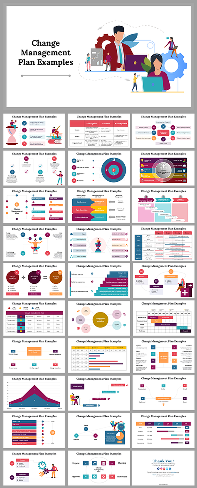 Deck of slides with vibrant visuals, charts, and illustrations focused on change management planning techniques.