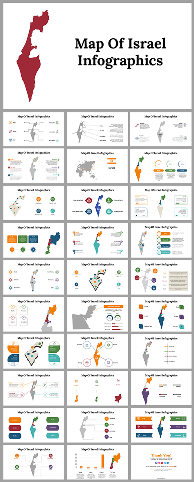 Slide deck showcasing various infographic designs of Israel map, illustrating data points and regional information.
