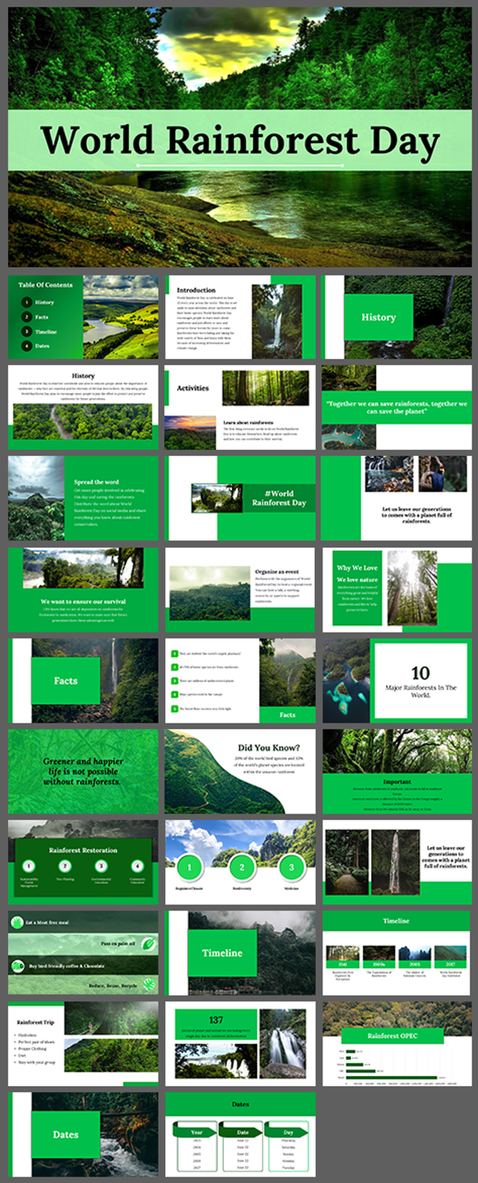 Slide deck for world rainforest day, covering history, key facts, restoration efforts, and green nature themed visuals.