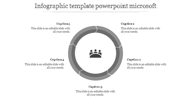 Grey circular infographic with five segmented parts surrounding a central icon of three people, with text labels.