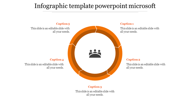 Circular infographic with an orange ring around a central team icon, with five surrounding caption areas for descriptions.