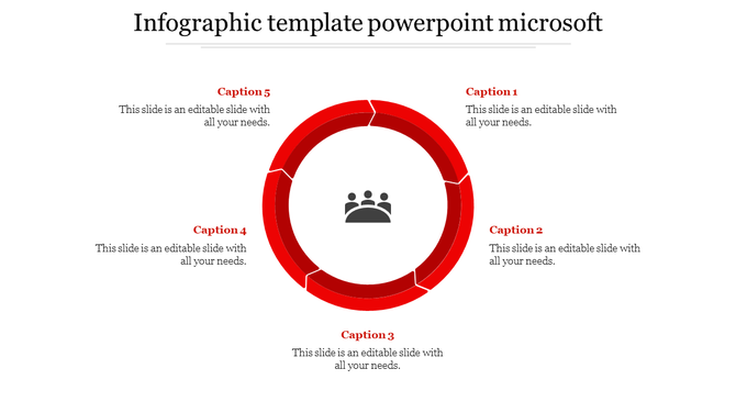 Slide design with a five part circular chart in red tones, featuring a team icon in the center and text around it.