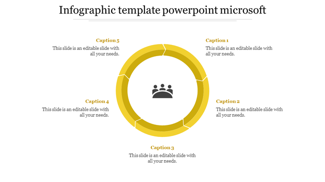 Circular infographic with a segmented yellow ring surrounding a central team icon, with five caption areas placed around it.