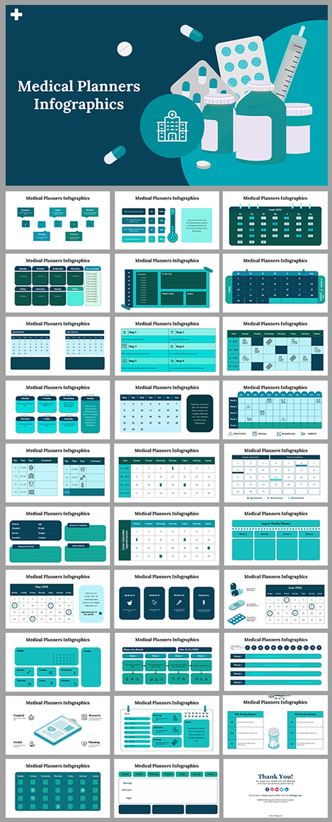 Collection of medical planner infographics with design elements like calendars, tables, and icons on a turquoise background.