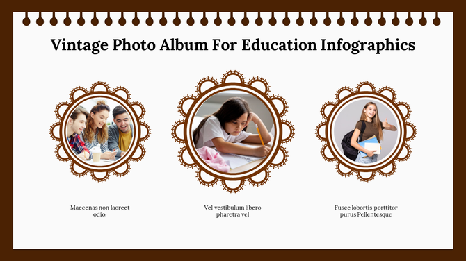 Educational infographic featuring a photo album layout with images of students engaged in activities, framed with borders.