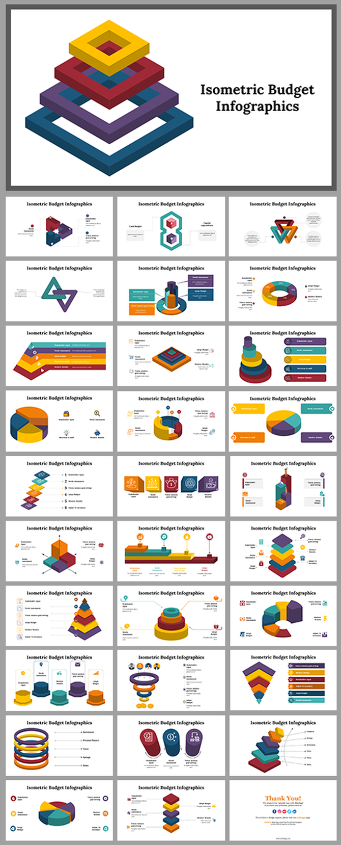 Isometric budget infographic slides with various 3D shapes such as cubes, pyramids, and rings to display financial data.