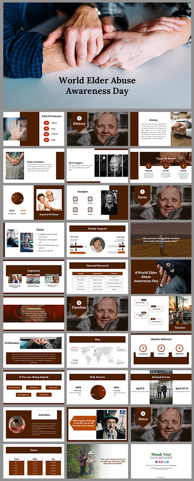 Slide deck on elder abuse awareness, with sections covering history, types, facts, and related events, in brown tones.