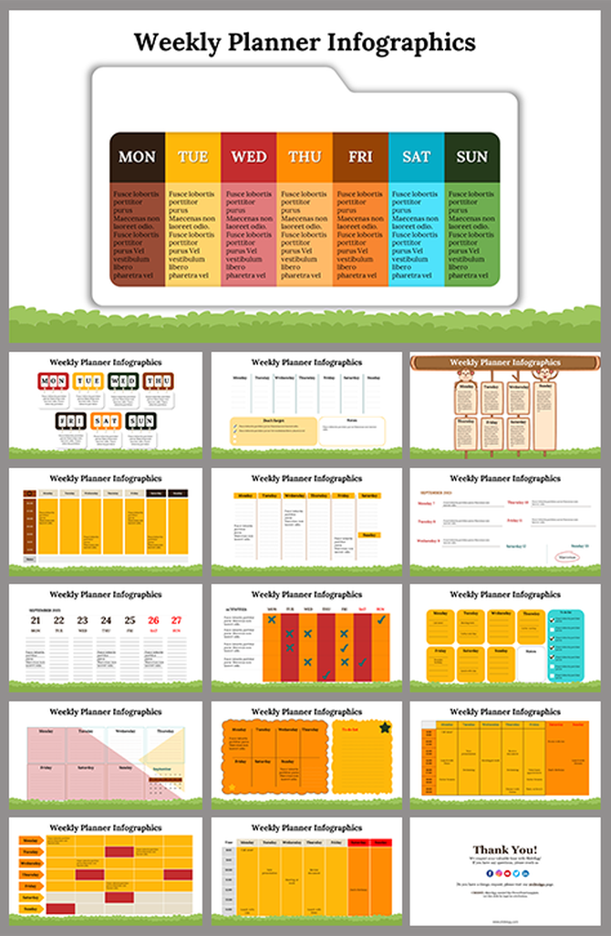A colorful weekly planner infographic slides with sections for each day of the week, including Monday to Sunday.