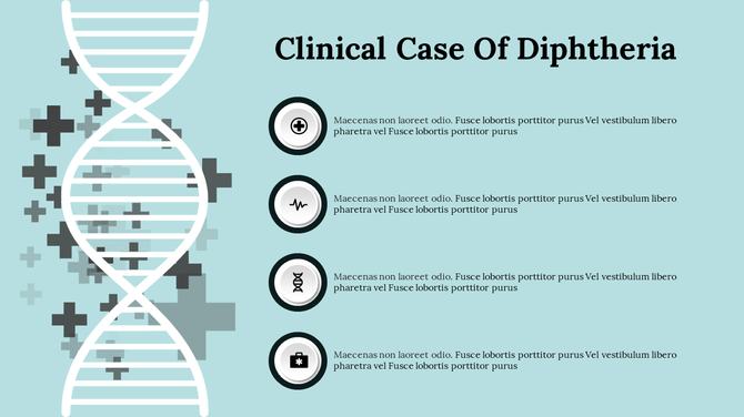Slide on clinical diphtheria cases, featuring DNA graphics and medical symbols for emphasis with icons and text area.