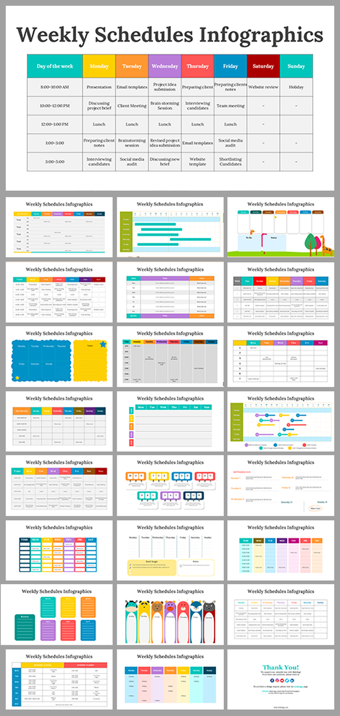 Weekly schedules infographic slides showcasing color coded time blocks for each day of the week with task lists.
