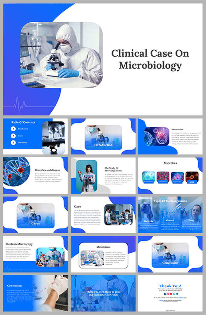 Alt: Clinical Case on Microbiology cover slide with blue-white layout showing scientist using microscope in laboratory scene.
