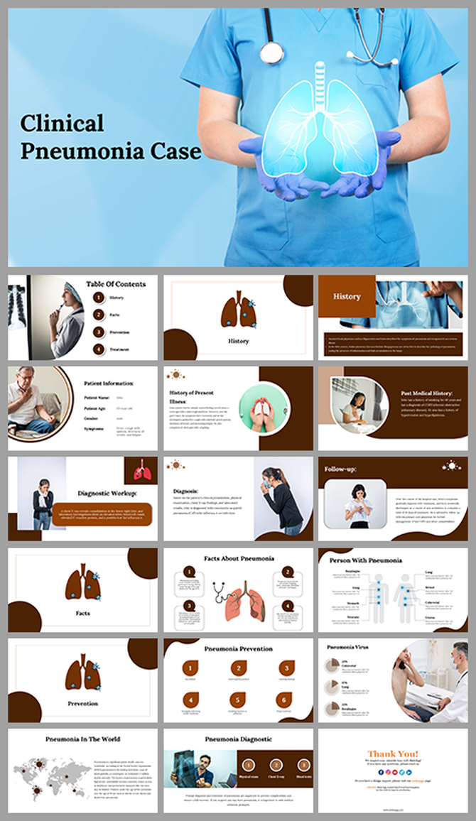 Alt: Clinical Pneumonia Case cover slide with doctor holding glowing lung illustration on brown and blue background.