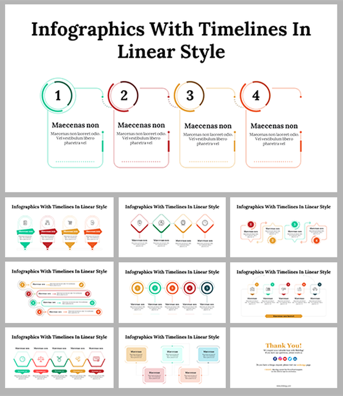 Slide deck featuring linear style timelines, using vibrant colors and circular shapes to display sequential steps.