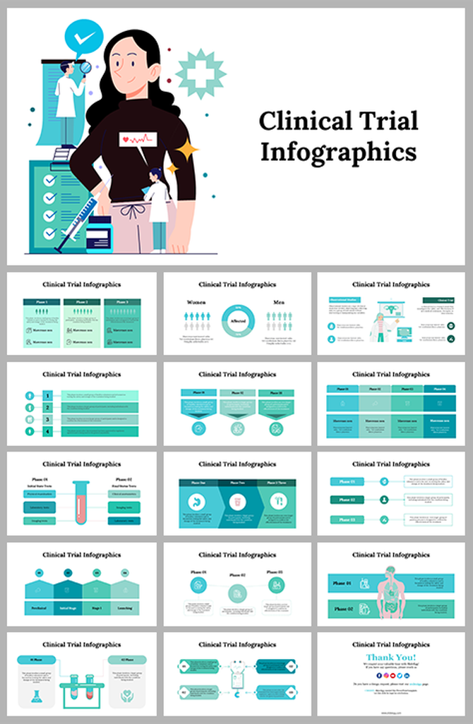 Slide deck on clinical trials with green shaded infographics showing phases, gender data, and process steps.