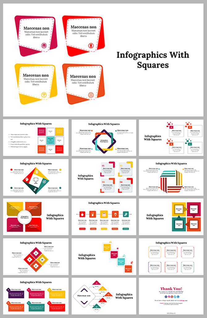Infographic slides with square shaped designs, featuring colorful blocks and text to illustrate data and concepts.