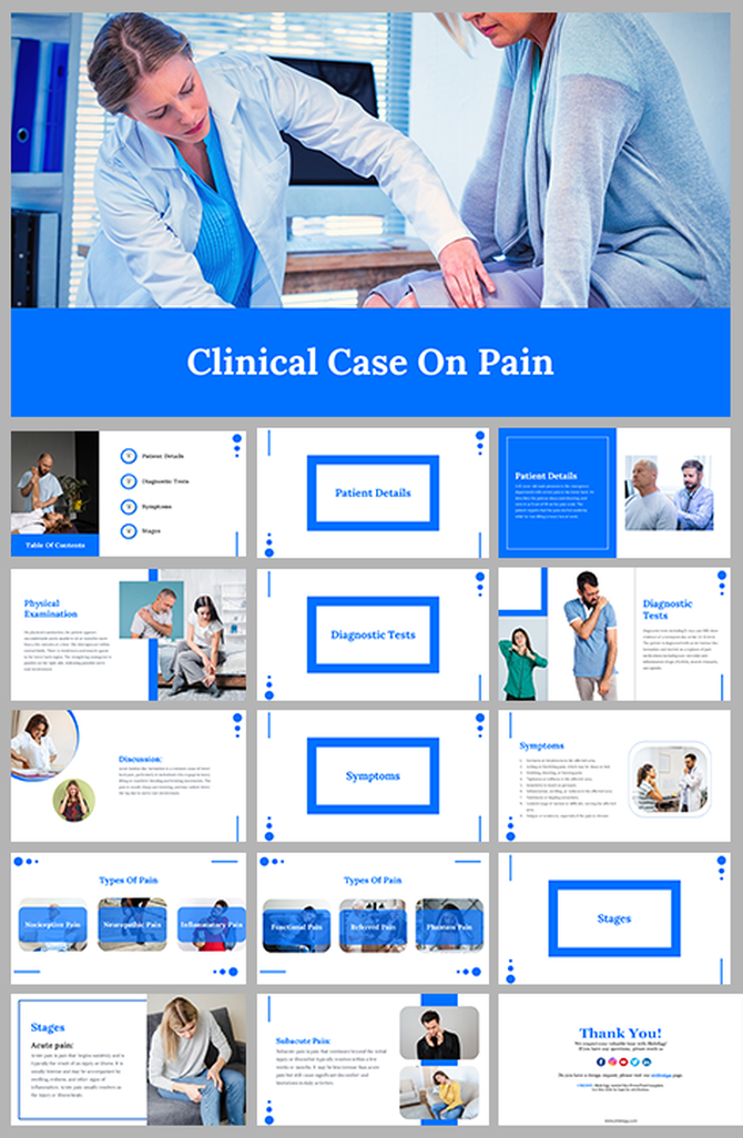 Clinical themed slide deck with blue and white layout, featuring images, text, and medical information.