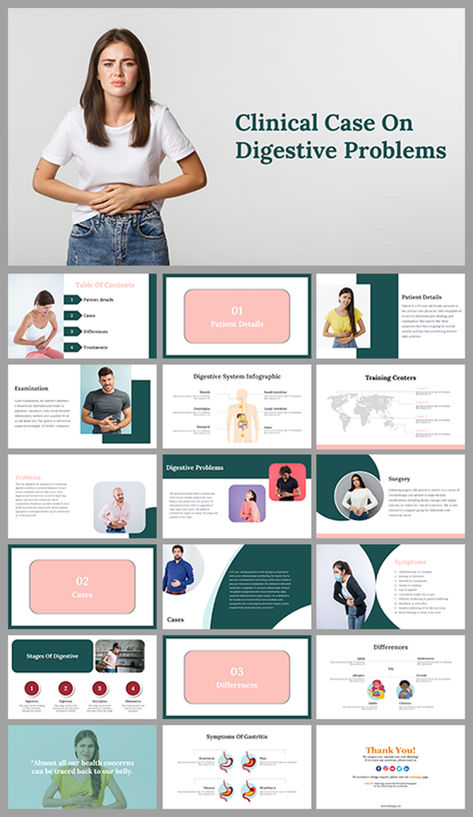 PowerPoint for a digestive health case study, with slides on examination, patient cases, and digestive system infographic.