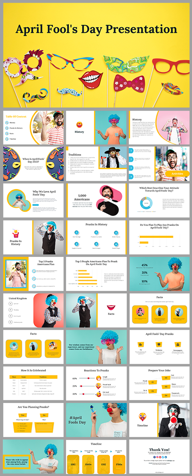 April fool's day slide deck cover with playful glasses, mustaches, lips, and a bow tie on sticks, on a yellow background.