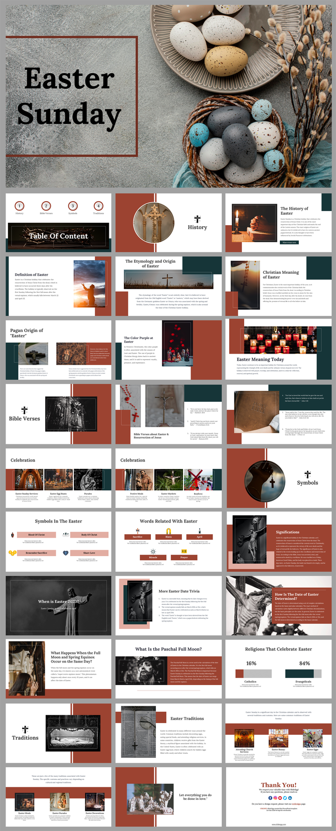 Easter Sunday slide deck with earthy tones, featuring eggs, crosses, and sections on history, symbols, and traditions.