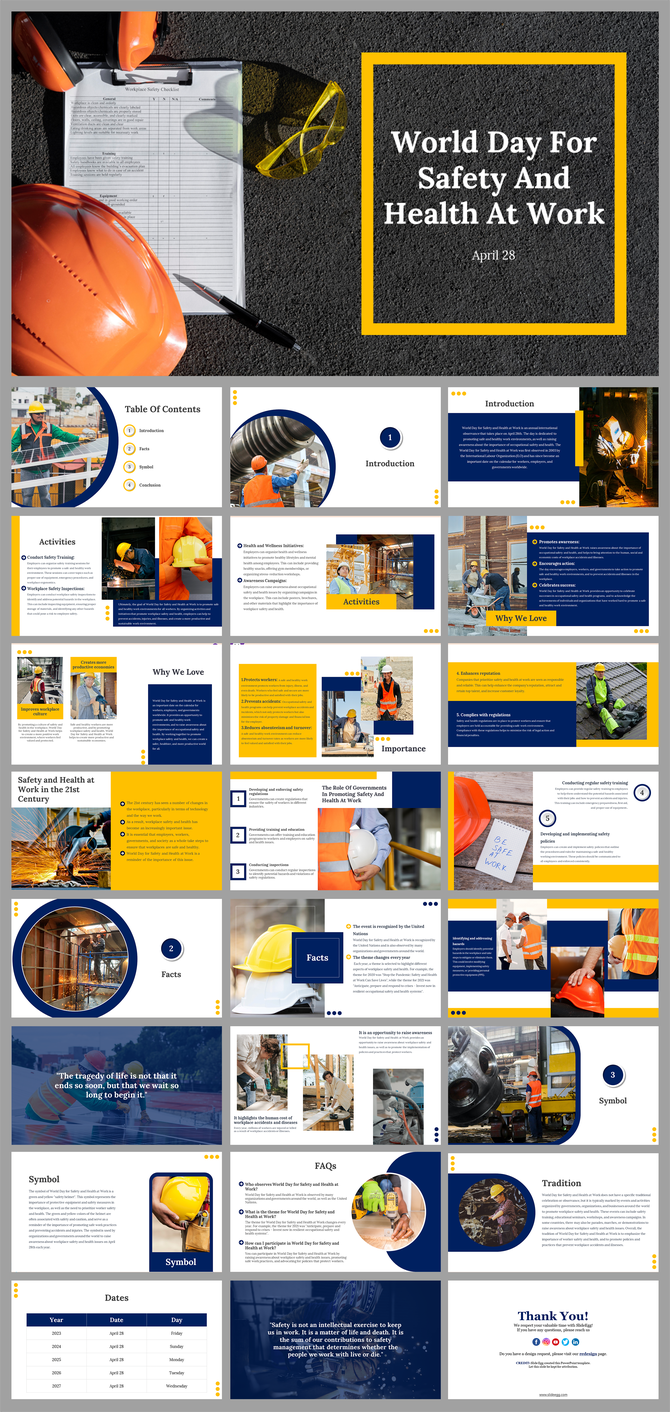 Slide deck on workplace safety featuring images of hard hats, workers, and safety checklists in a yellow and blue theme.